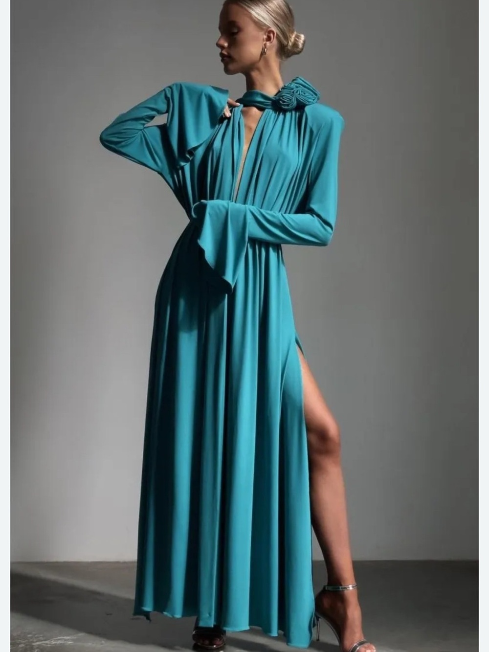 Elegant Teal Maxi Dress with High Slit